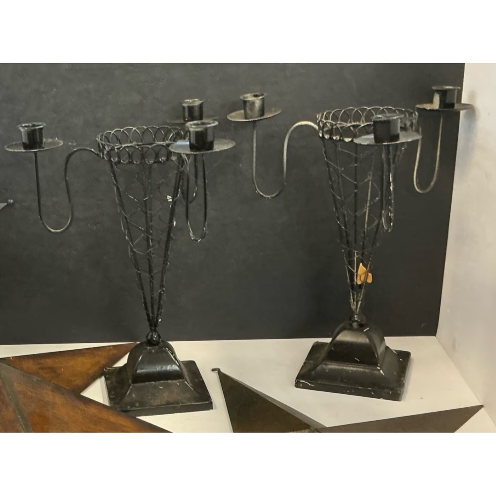 Pair Black Wire Metal Candelabras Cone Basket Candle Holders Rustic Gothic Style